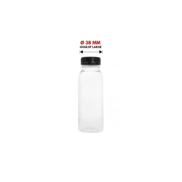 Bouteille 250ml carre Ø38 mm – Bouteille carre 250 ml avec bouchon noir