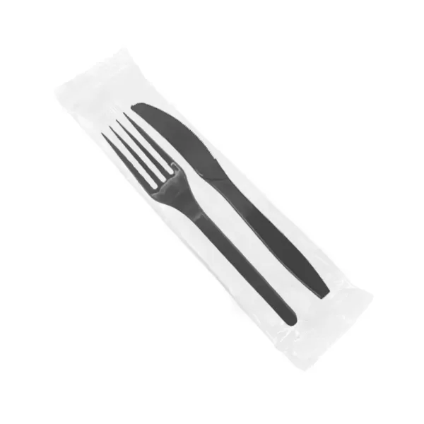Set 2 Couverts emballés – Fourchettes et Couteaux Noirs Plastique