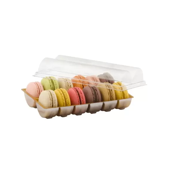 YM 12 – Barquette dorée avec couvercle transparent pour 12 pièces de macarons