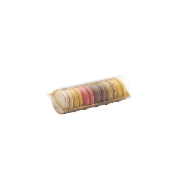 YM 6 – Barquette dorée avec couvercle transparent pour 6 pièces de macarons